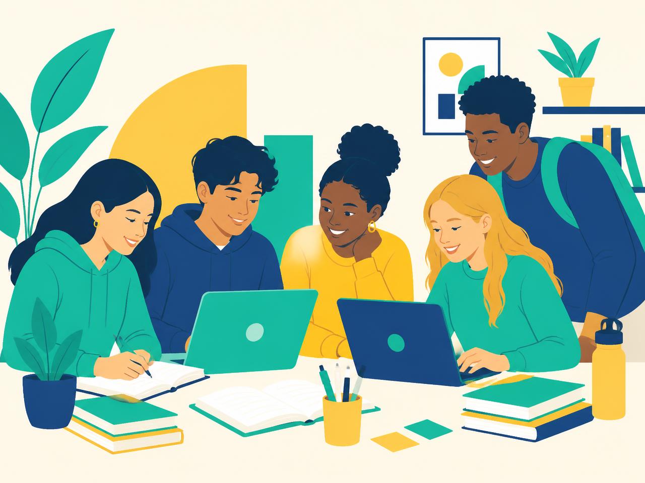 Diverse high school students studying together in a library